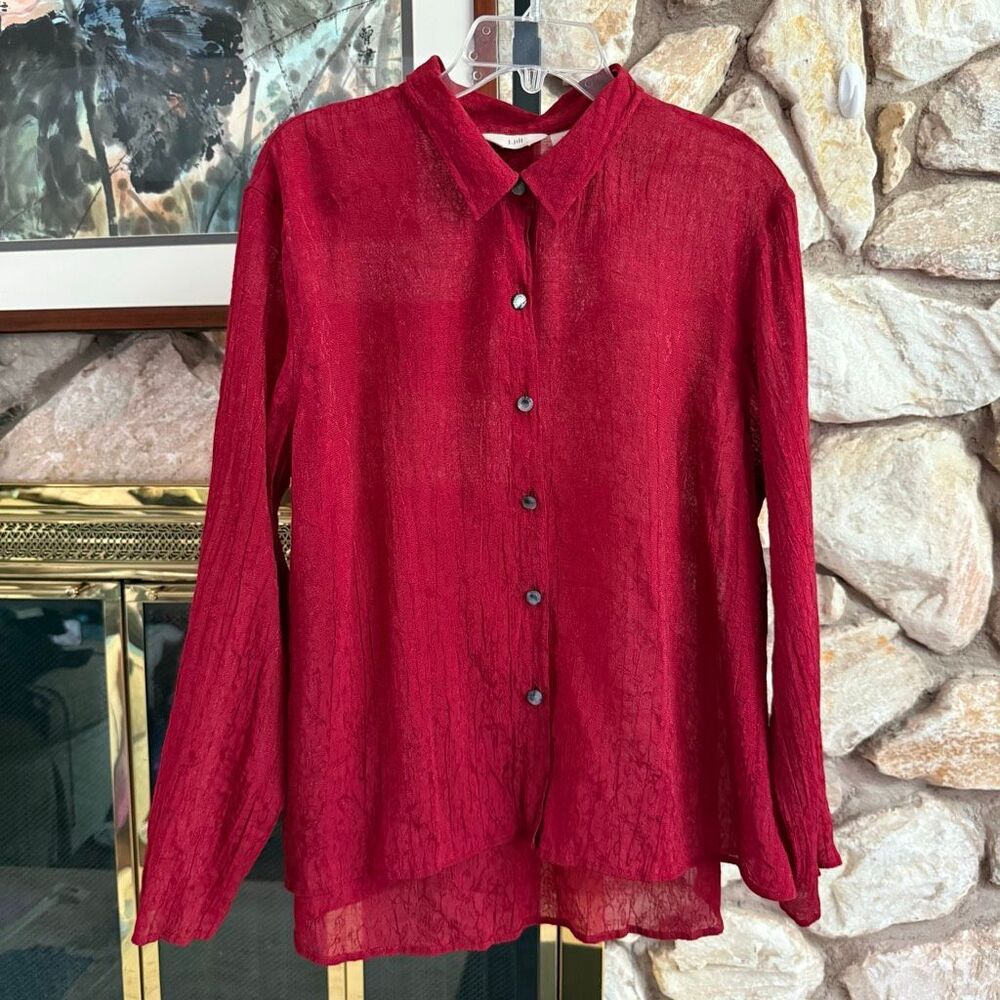 J Jill women’s long sleeve crinkle sheere button down top  XL pop of red  Casual